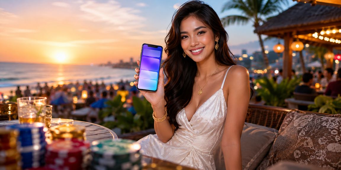 Pengguna mengakses aplikasi casino melalui ponsel di tepi pantai yang santai