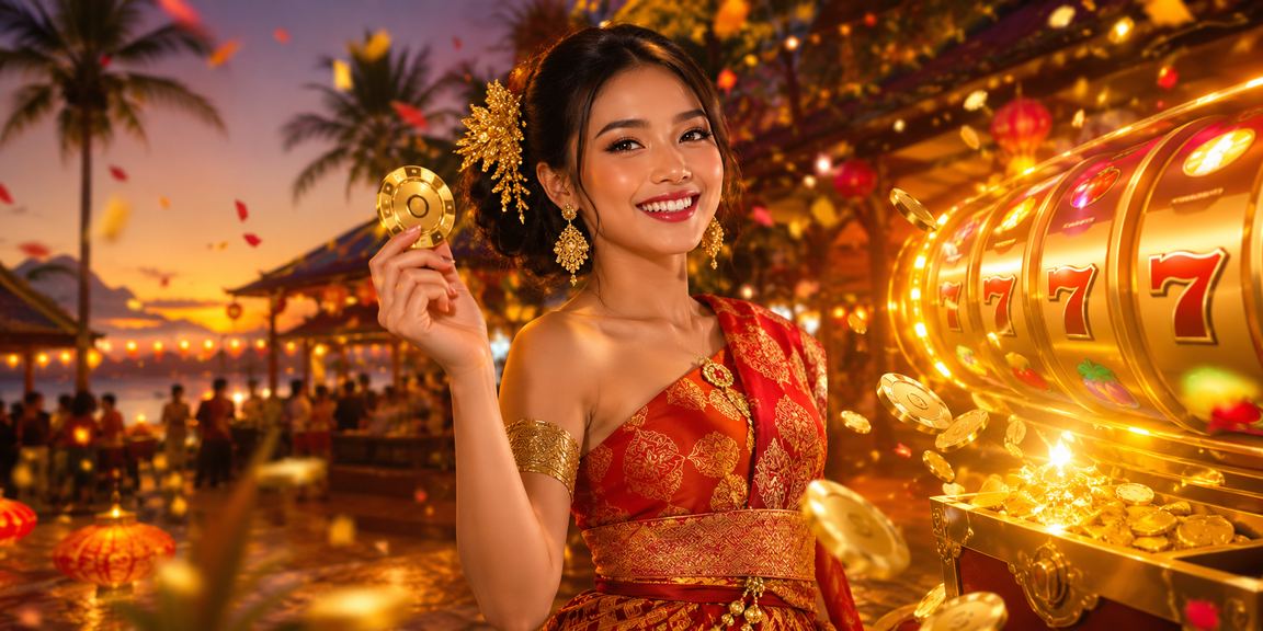 Tampilan permainan slot di pasar malam dengan cahaya neon yang meriah di malam hari